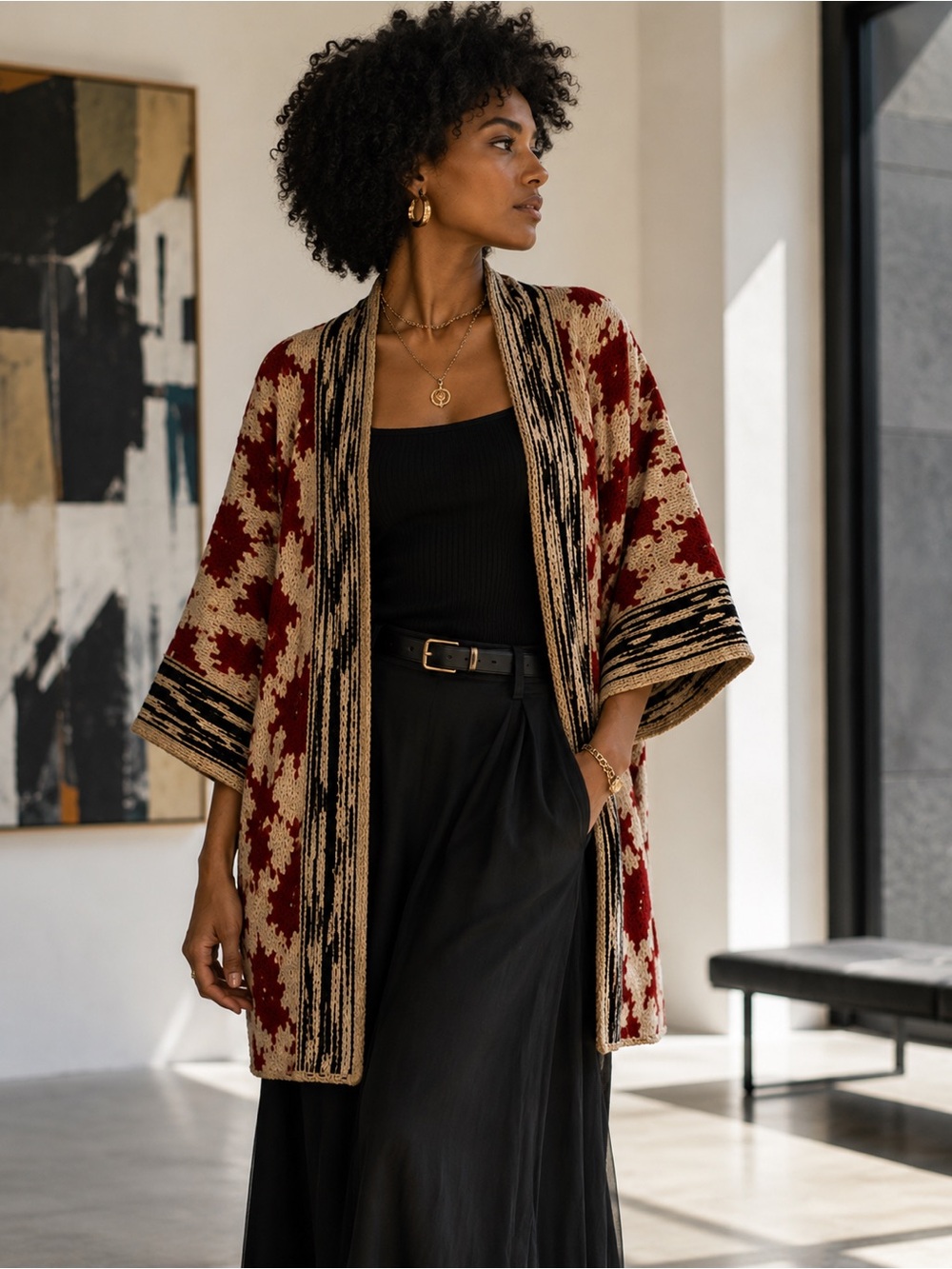 Lucky Brand Sequoia Intarsia Kimono Cardigan Boho Artsy Red Cream Oversized S